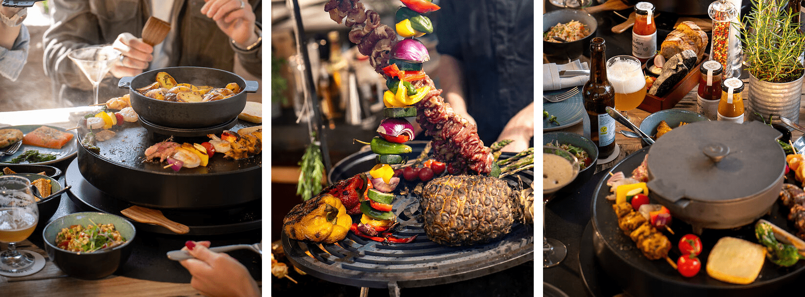Collage von drei Bildern: Die Tischgrills und die Grillstation im Liebesbier Gastrogarten